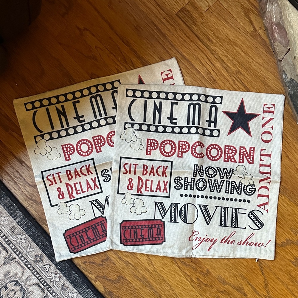 New Retro Cinema Movie Themed Popcorn Pillow Covers Set of 2